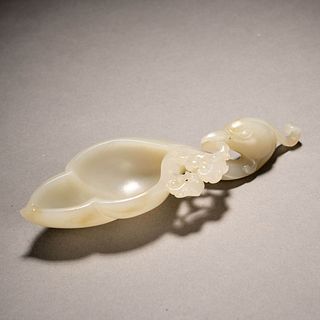 Carved White Jade Crane and Lingzhi Washer