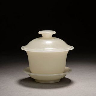 Carved White Jade Bowl and Cover