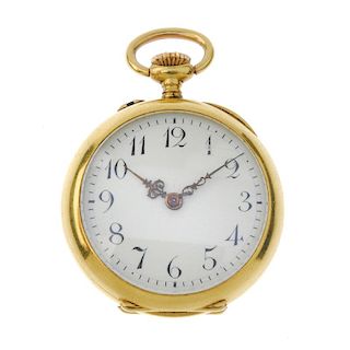 An early 20th century 18ct gold ruby and diamond pocket watch. The circular-shape cream dial with bl