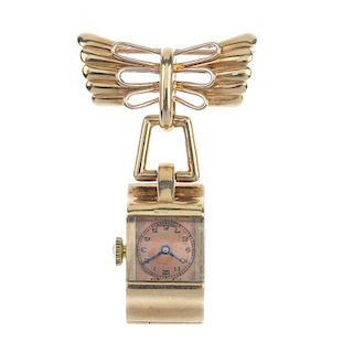 A ladies mid 20th century 9ct gold fob watch. The square-shape brownish-pink dial, with black Arabic