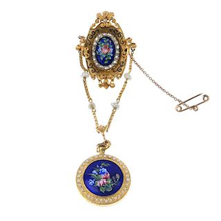 An 18ct gold diamond and enamel fob watch. The enamel fob watch with split pearl highlights, suspend