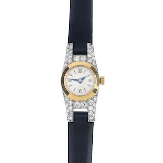 A lady's diamond watch. The circular-shape cream dial, with Roman numeral and hourly baton markers,