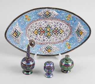 A group of Eastern enamel wares To include: an oval desk tray with Persian style floral and lozenge
