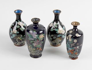 Six Japanese Meiji period cloisonne vases. Four with a blue finished ground, one decorated with cran