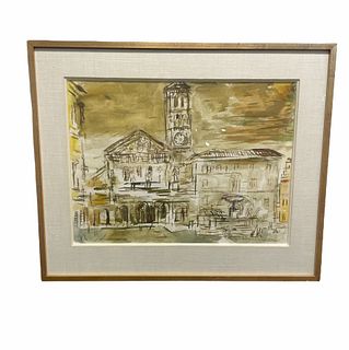 Signed FRANCIS CHAPIN Watercolor "Church Fountain Rome"
