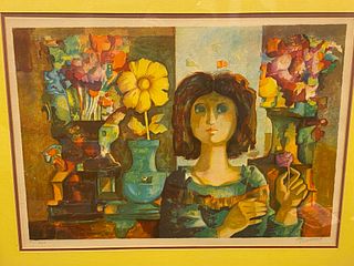 Indecipherable Signed and Numbered Lithograph Woman with Sunflower