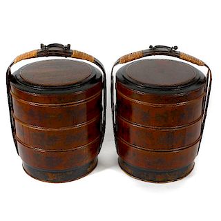 A pair of Chinese wedding baskets Each of barrel form with cane-wrapped handle over circular cover d