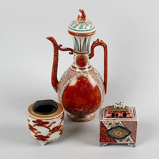 A group of Japanese porcelain. To include an Indo-Persian style coffee pot of pear form with seated