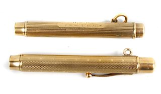 Two Sampson Mordan & Co. 9ct gold retractable pencils. Each of similar telescopic form, one having p