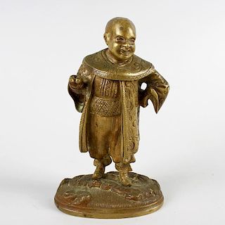 An early to mid 19th century bronze novelty table vesta. Modelled as a standing Chinaman, hinged at