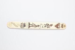 A scrimshaw decorated corset stay busk depicting a minstrel, a native huntsman, American flag, and o