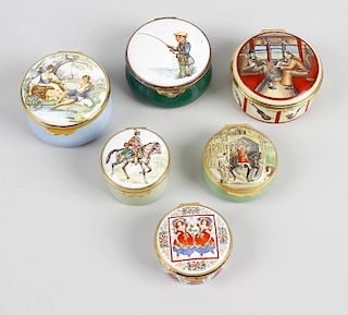 A group of nine assorted enamel boxes. Comprising three Halcyon Days (one drum-shaped Fashion box fo