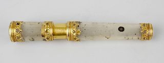A Palais-Royal style moss-agate bodkin case, of cylindrical form having ogee pierced gilt mounts, 4.