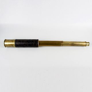 A Victorian brass-bodied three-draw telescope. The black morocco-covered 2.5-inch main barrel with s