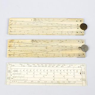 Three ivory rules. Comprising two folding examples, both 6, (15cm) (closed), and a plain rule, same