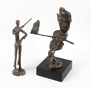 A modern cast bronze figure The Violinist, indistinctly signed, 10.5 (26.5cm) high, another bronze f