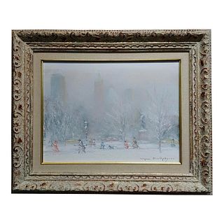 1970s Vintage White Winter in Central Park Oil Painting