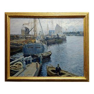 1900s Vintage Boats in a Crowded Harbor Impressionist