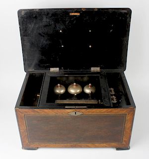 A late 19th century inlaid 'bells in sight' cylinder music box, the 6-inch barrel with complete comb