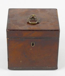 A George III mahogany tea caddy, of cuboid form, the hinged cover with scroll loop handle, 5 x 4 x 5