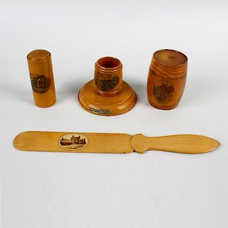 Eight items of late Victorian treen Mauchlineware. Comprising six with printed views; a barrel-shape
