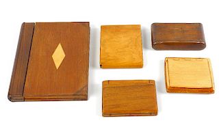 A selection of assorted wooden cigarette cases, etc. To include an example having floral carved exte