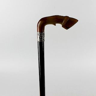 A late Victorian silver-mounted horn-handled treen walking stick or cane. The horse hoof-form handle
