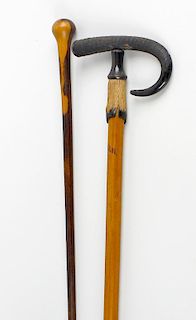 A group of assorted walking sticks. Most examples of plain crook form, plus a Swiss Chamois shooting