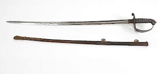 A Johnson & Co Officers sword with original scabbard. the skin and wire grip handle, with pierced ba