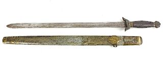 An oriental short sword with shagreen scabbard, the 19.5 blade with bronze hilt reeded hardwood grip