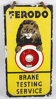 Advertising interest: an enamel sign, 'Ferodo Brake Testing service'. Of slender rectangular form, d