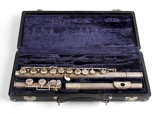 A cased white metal flute, Artley Nogales Arizona, of three sections, the largest numbered 363049, e