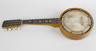 A cased eight-string banjo. The plain stained-wood body having ivorine tuners, unmarked 21 (53.5 cm)