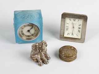 A box containing assorted collectables To include a selection of travel and desk clocks, treen novel