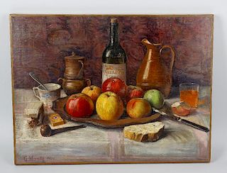 A group of 20th century oil paintings. Still lives to include a study of fruit and objects on a tabl