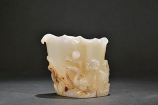Carved Hetian White Jade Egret Brush Pot