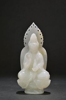 Carved Hetian White Jade Figure of Guanyin