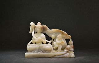 Carved Hetian Jade Buddha and Boy Ornament