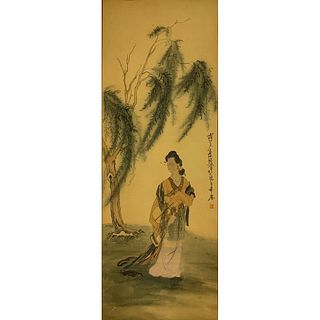 Chinese Lady and Willow Painting Silk Scroll