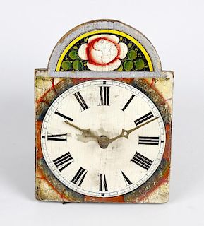 A small German wall timepiece The 5-inch break-arched painted Roman dial with floral arch, the wood-