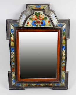An antique Dutch wall mirror. The rectangular plate within wooden ogee-arched frame having inlaid gl