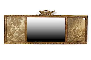 A gilt overmantel mirror. The rectangular mirror plate flanked by twin prints under glass depicting