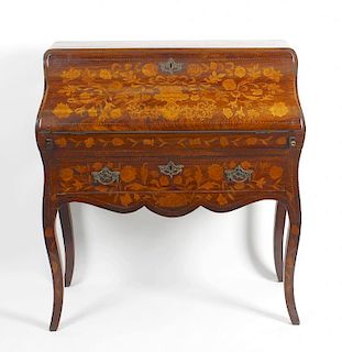 A good 19th century Dutch marquetry bureau The sloping fall inlaid with flowers, enclosing a shaped