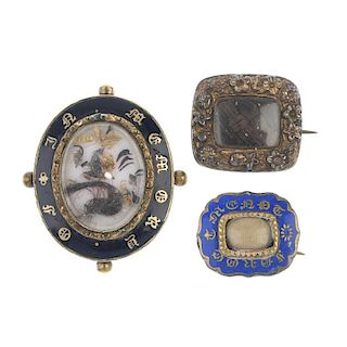Three items of mid to late Victorian mourning jewellery. To include a brooch with floral border and