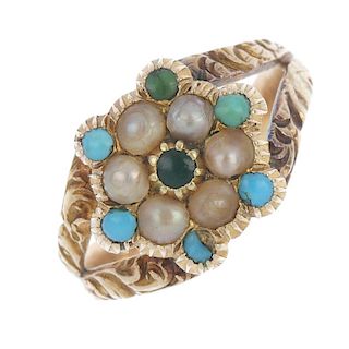 A mid-Victorian gem-set ring. Designed as a cluster of split pearls and turquoise cabochons, to the