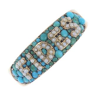 A late 19th century, 18ct gold turquoise and split pearl 'Fides' ring. The ring set with turquoise c