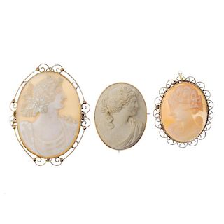A selection of cameo jewellery. To include a lava cameo brooch, a pair of ear pendants and two furth