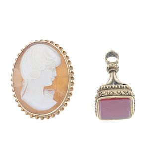 A gold cameo and fob. The 9ct gold cameo designed as a lady in profile, together with a late 19th ce