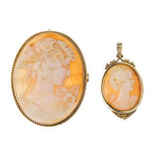 A 9ct gold cameo pendant and brooch. Both of oval outline carved to depict the side profile of a lad