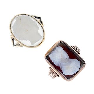 Two carnelian cameo rings. One designed as a rectangular cameo of a lady, to the stepped and engrave